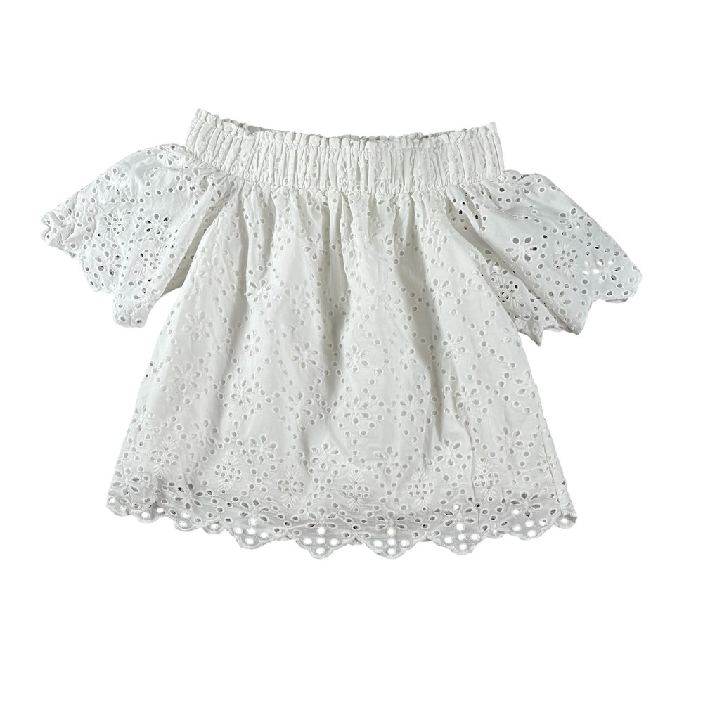 Crown & Ivy Womens White Eyelet Off The Shoulder Top Size Small Scalloped Hem
